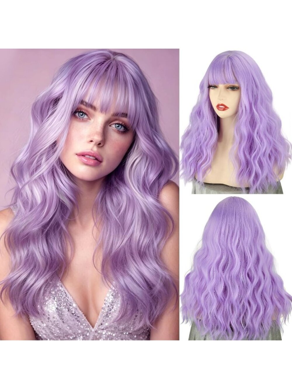 Women's Light Purple 18 Inch Heat Resistant Synthetic Medium Wavy Long Curly Wig